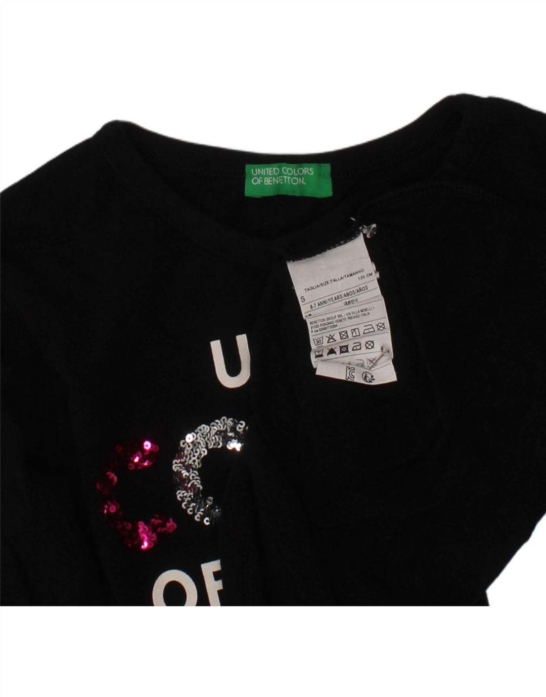 BENETTON Top Estampado para Niñas Manga Larga 6-7 Años Pequeño Algodón Negro