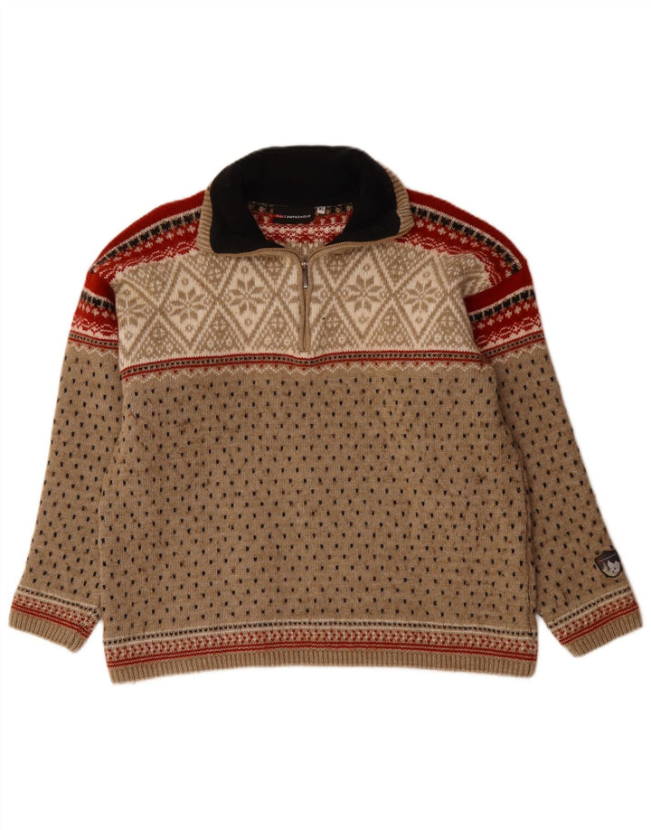 CAMPAGNOLO Suéter tipo jersey con cuello y cremallera para hombre XL Lana Fair Isle beige