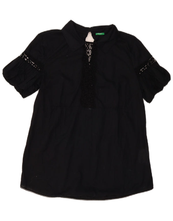 BENETTON Blusa para mujer Top UK 44 Grande Algodón floral negro
