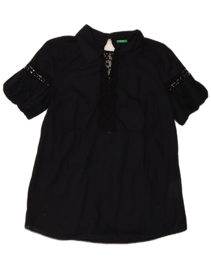 BENETTON Blusa para mujer Top UK 44 Grande Algodón floral negro