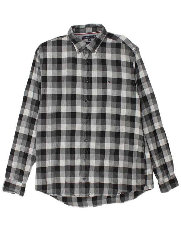 Tommy Hilfiger Camisa de franela ajustada para hombre XL Algodón a cuadros gris