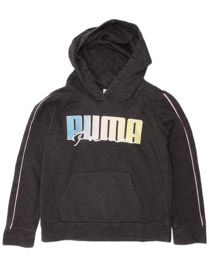 PUMA Sudadera con capucha gráfica para niñas de 6 a 7 años, talla pequeña, algodón gris