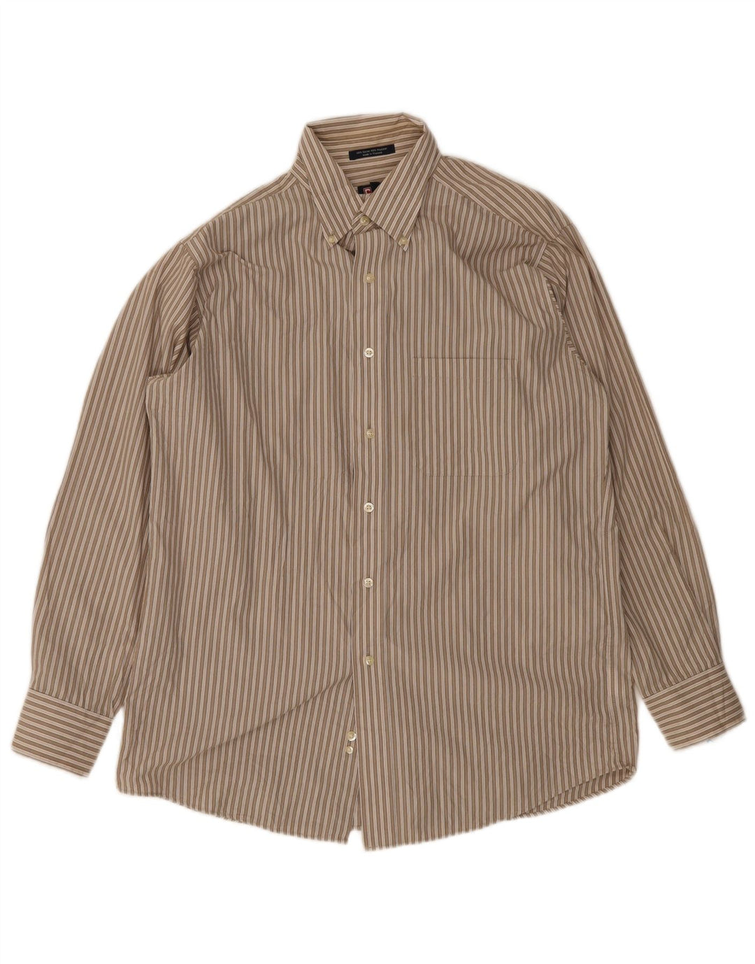 Camisa de Hombre Chaps Talla 15 15 1/2 Mediana Marrón a Rayas de Algodón