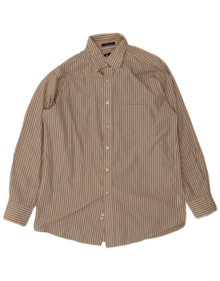 Camisa de Hombre Chaps Talla 15 15 1/2 Mediana Marrón a Rayas de Algodón