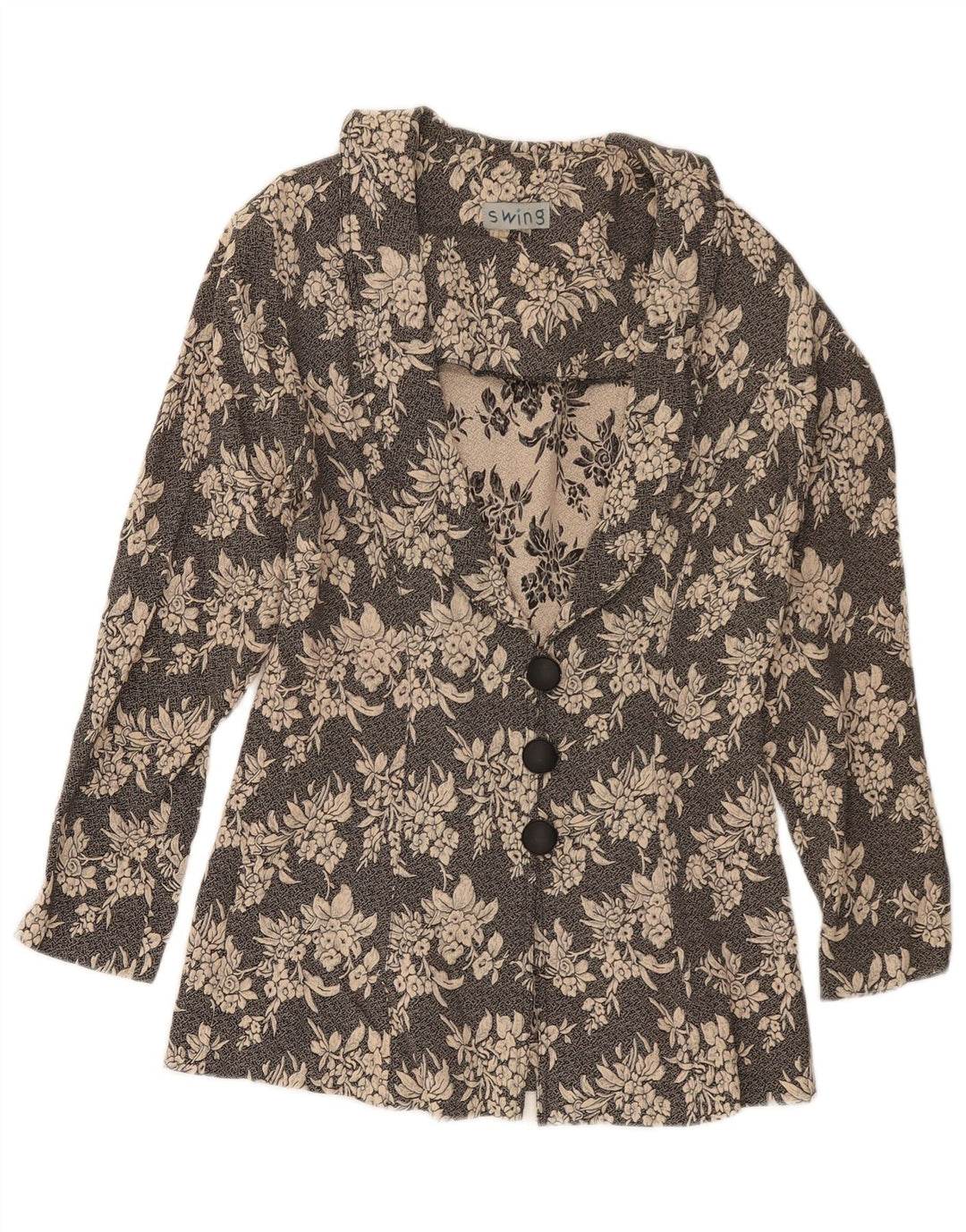 VINTAGE Mujer 3 Botones Blazer Chaqueta Reino Unido 10 Pequeño Negro Floral