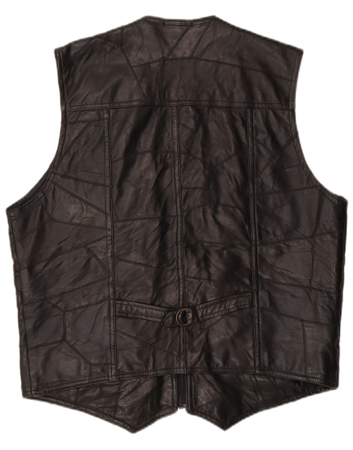 Vintage hombres cuero utilidad Gilet Reino Unido 38 medio negro patchwork