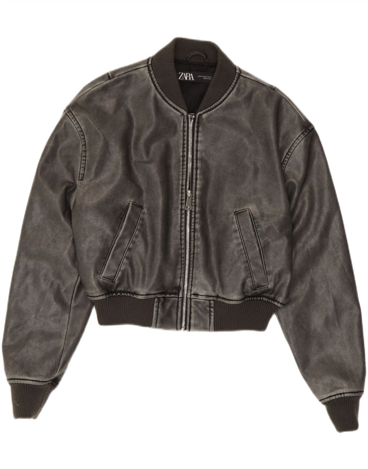 Zara Mujer Chaqueta Bomber Extragrande De Piel Sintética UK 6 XS Poliuretano Gris