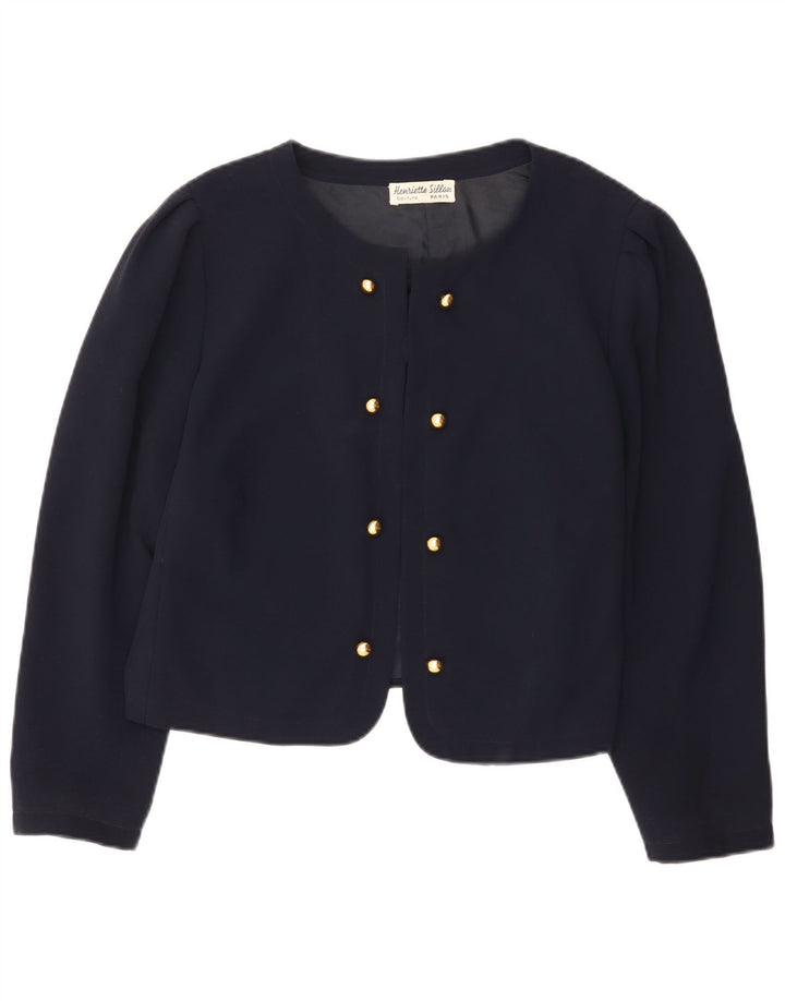 Vintage mujer abierta chaqueta bolero Reino Unido 18 XL poliéster azul marino