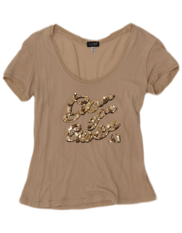 ARMANI JEANS Camiseta gráfica para mujer Top EU 42 Large Beige