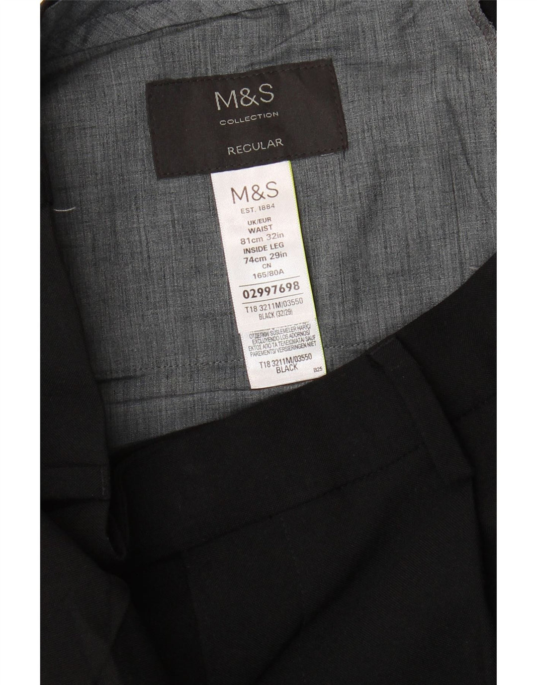 Marks & Spencer Pantalón de traje con pinzas para hombre W32 L29 Poliéster negro