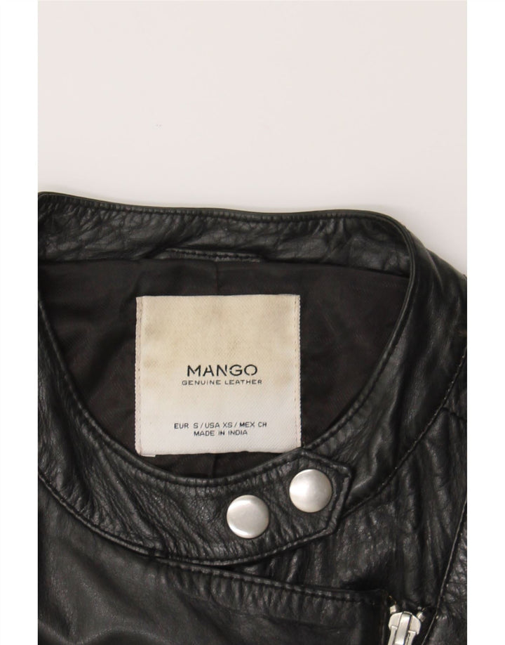 MANGO Womens Crop Leather Jacket UK 10 Small Black Leather Biker Vintage Mango and Second-Hand Mango from Messina Hembry 