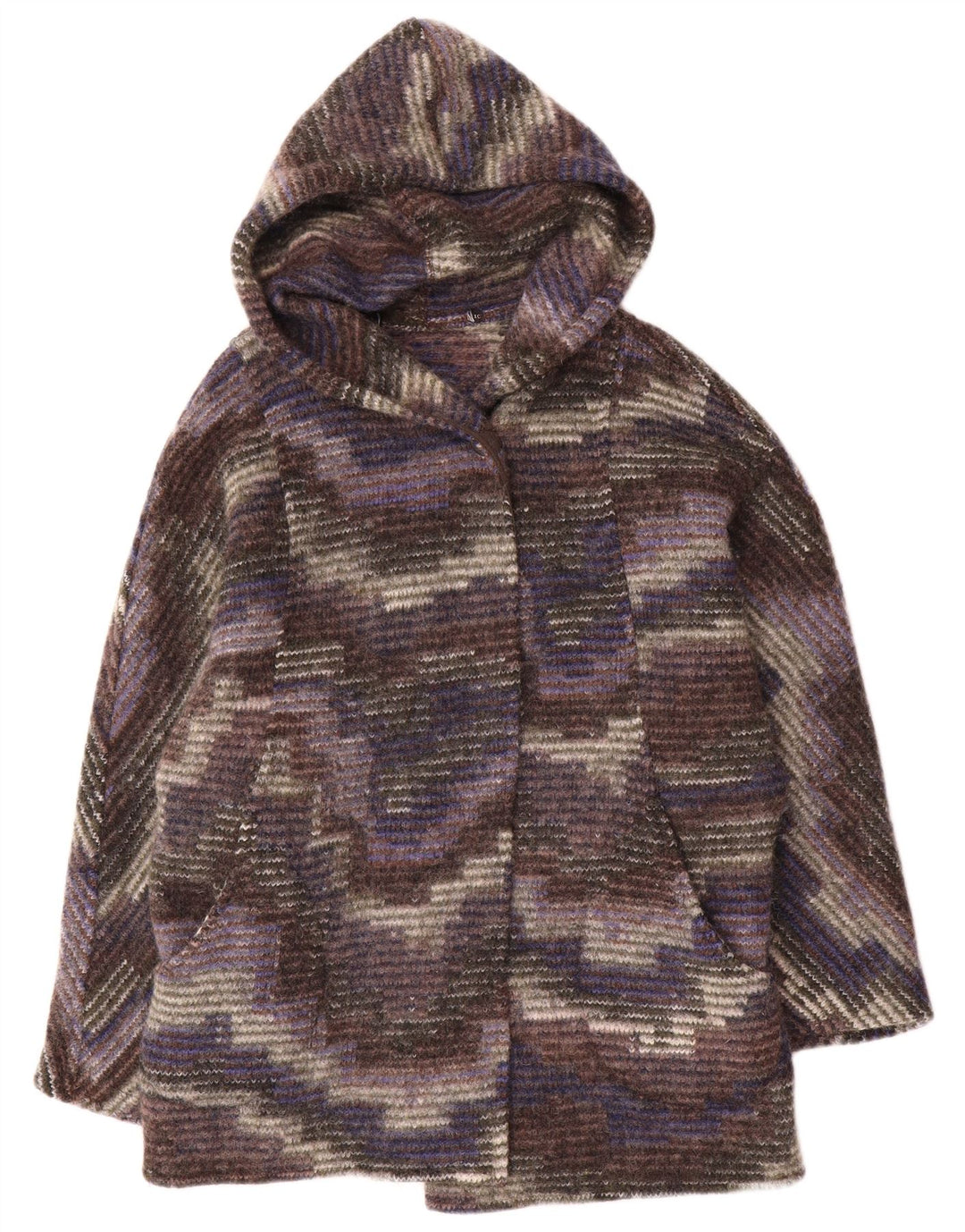 Vintage mujer con capucha abrigo abierto Reino Unido 12 camuflaje multicolor medio