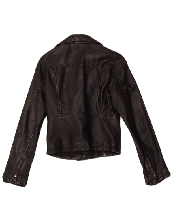 Vintage mujer crop cuero biker chaqueta Reino Unido 10 pequeño cuero negro