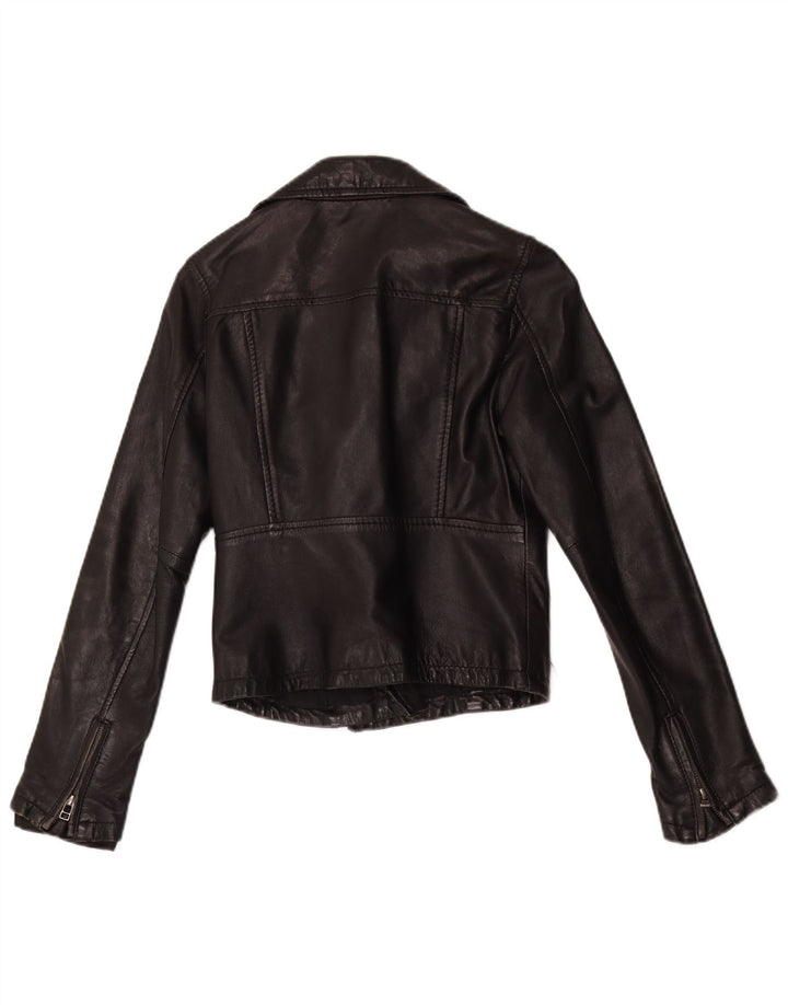 Vintage mujer crop cuero biker chaqueta Reino Unido 10 pequeño cuero negro