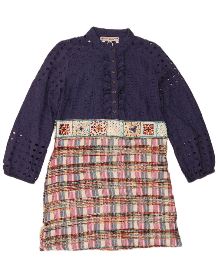 Vintage mujer volante frente cambio vestido Reino Unido 14 grande azul marino patchwork