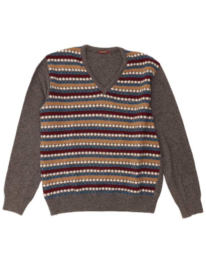 Carrera Jersey con cuello en V para hombre de lana a rayas gris grande