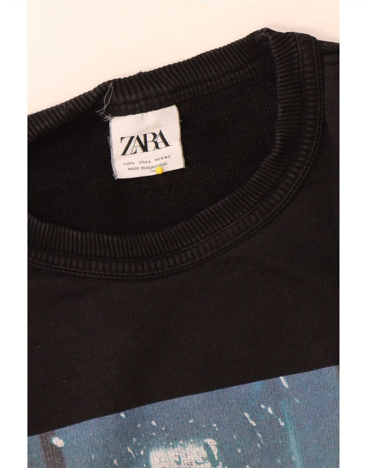 Zara Hombre Sudadera Gráfica Jumper Large Algodón Negro