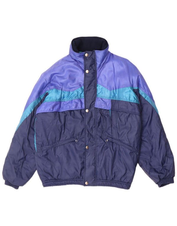 Vintage hombres con capucha chaqueta cortavientos Reino Unido 36 pequeño azul marino colorblock