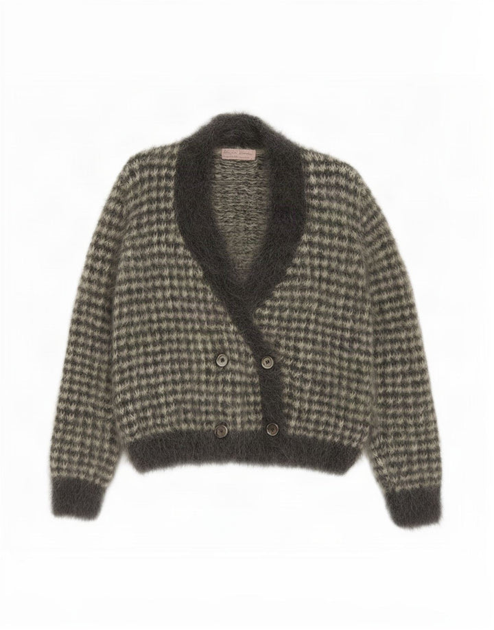 Vintage mujer Cardigan suéter Reino Unido 12 gris medio Houndstooth Mohair