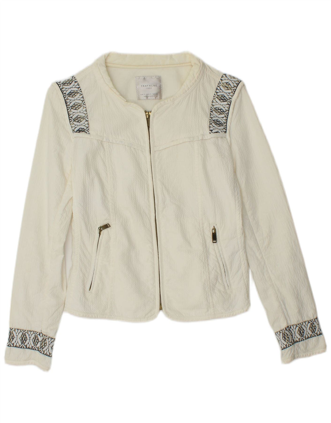 ZARA Chaqueta bomber corta extragrande para mujer Reino Unido 10 Small Off White Geométrico