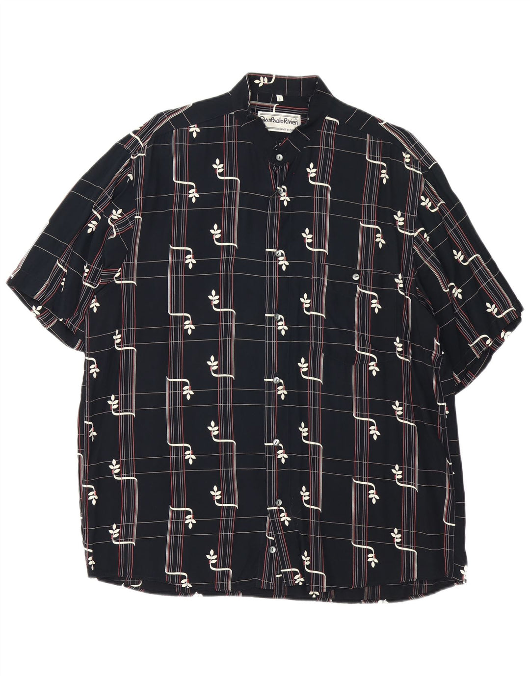 Vintage hombres camisa de manga corta grande negro geométrico viscosa