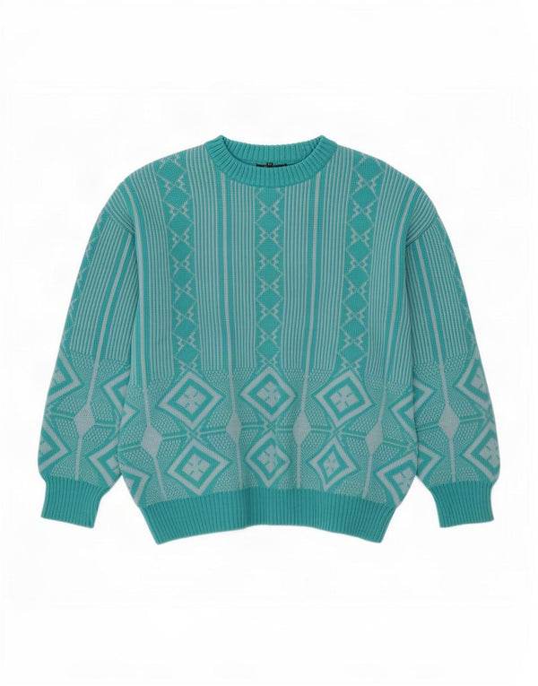 Vintage mujer barco cuello jersey suéter Reino Unido 16 grande azul geométrico