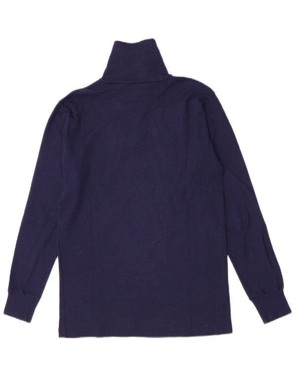 Vintage hombres Zip cuello top manga larga pequeña lana azul marino