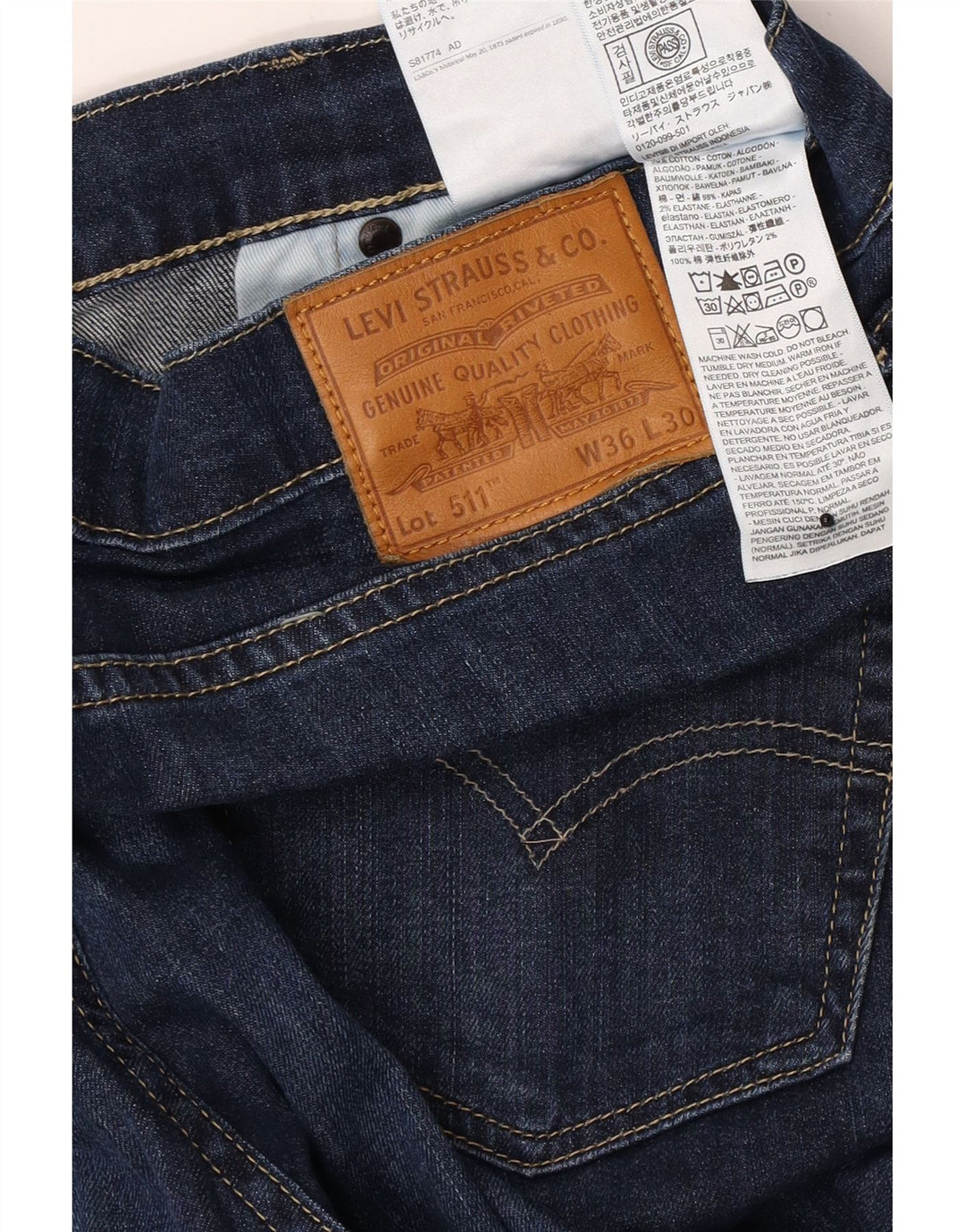Levi's Hombre 511 Slim Jeans W36 L30 Algodón Azul Marino