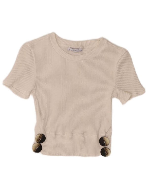 Zara Mujer Crop Blusa Top UK 8 Small Viscosa Blanca