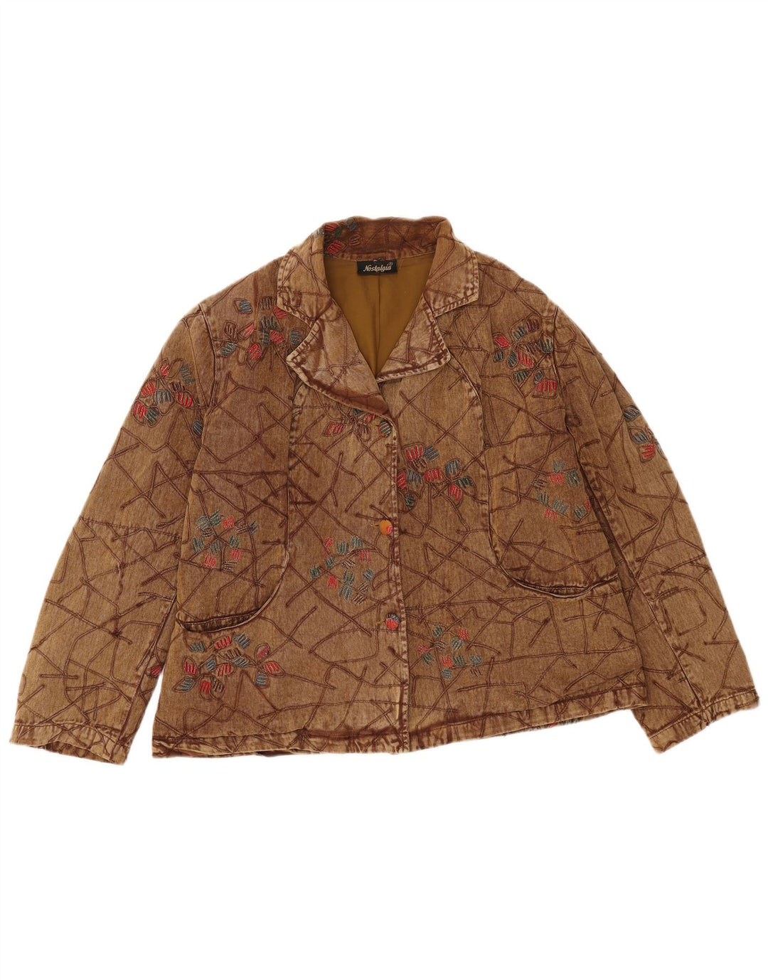 Vintage mujer bombardero chaqueta Reino Unido 16 algodón floral marrón grande