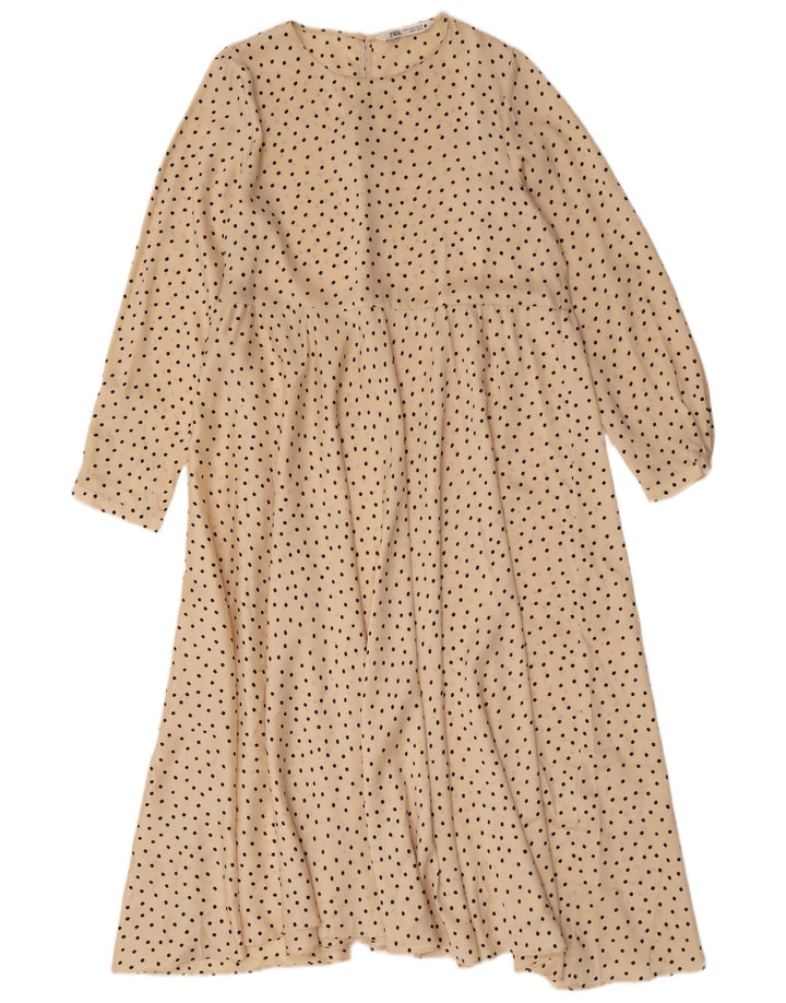 Zara Mujer Maxi Vestido De Manga Larga UK 44 Poliéster De Lunares Beige Medio