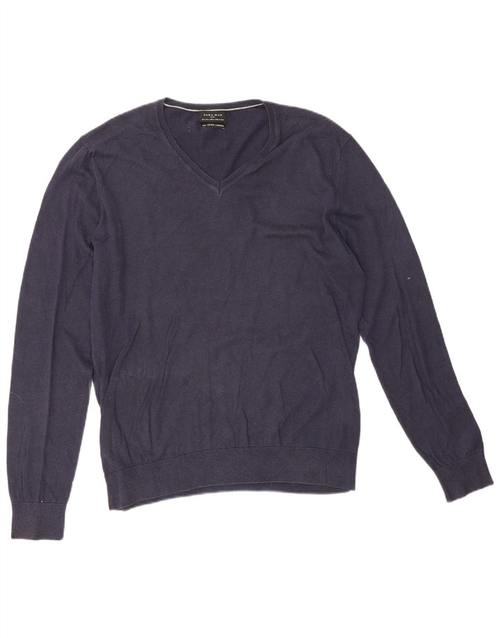 Zara Hombre Jersey Con Cuello En V Jersey Grande Azul Marino Algodón