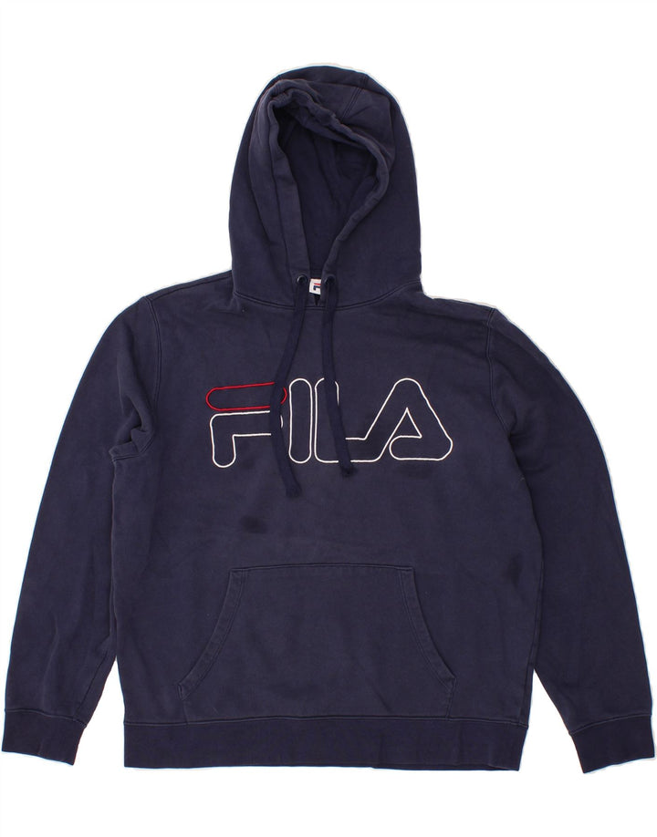 FILA Mens Graphic Hoodie Jumper Medium Navy Blue Cotton Vintage Fila and Second-Hand Fila from Messina Hembry 