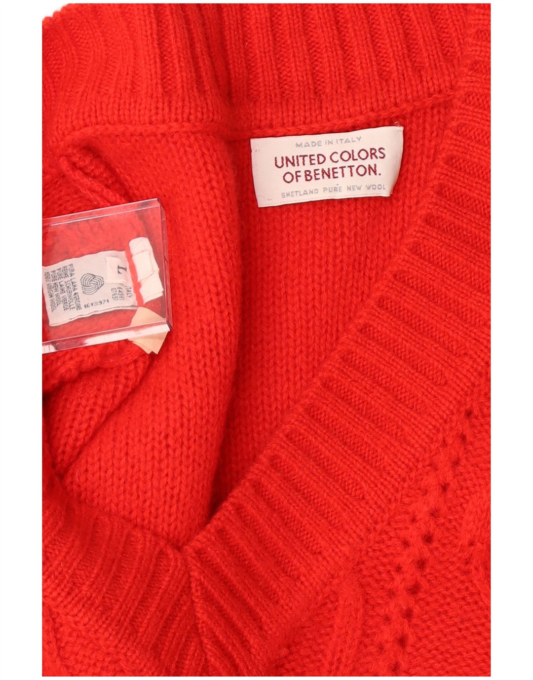 BENETTON Jersey con Cuello en V para Hombre Large Lana Virgen Roja