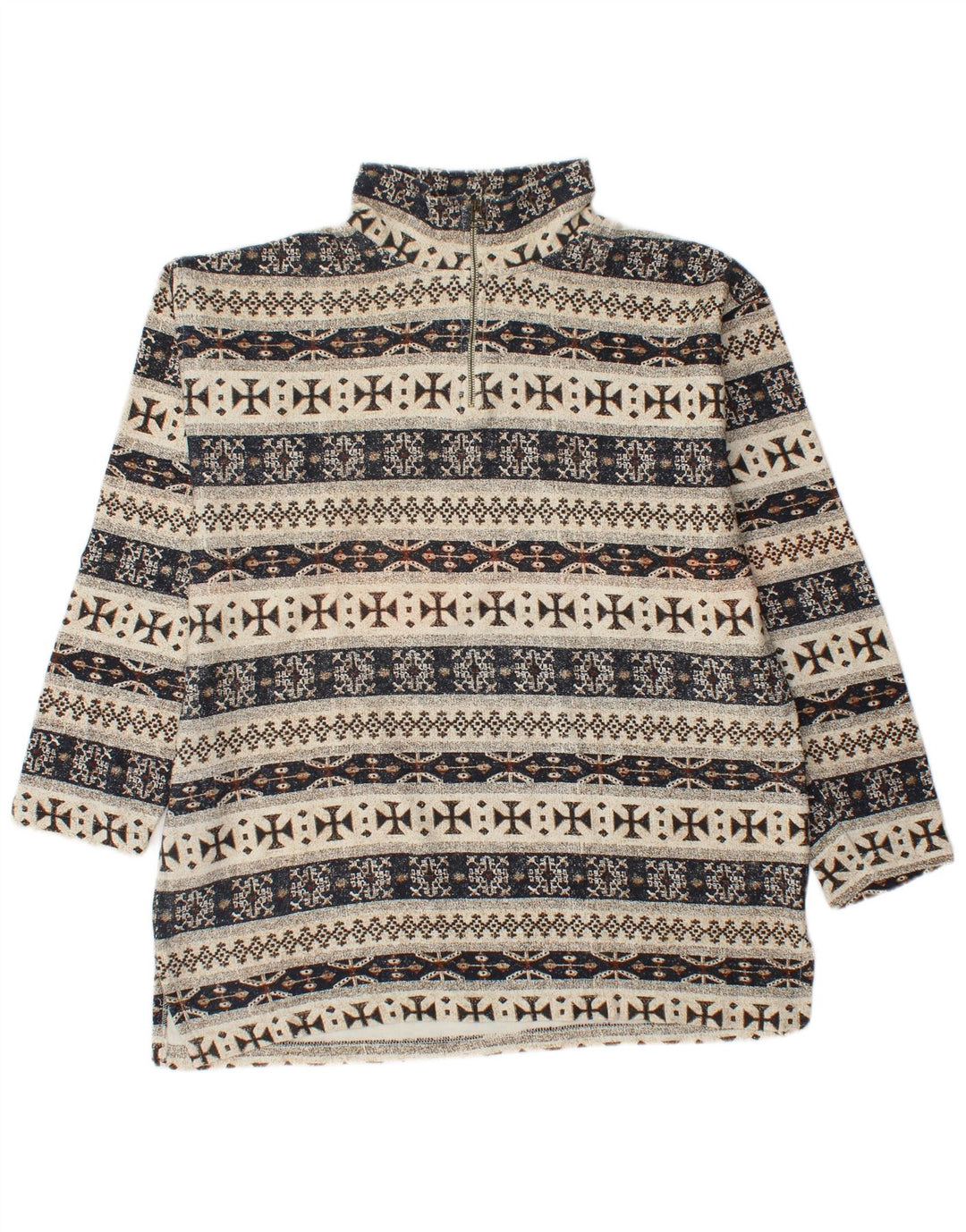 VINTAGE Hombres Zip Neck Sudadera Jumper Grande Beige Fair Isle Algodón