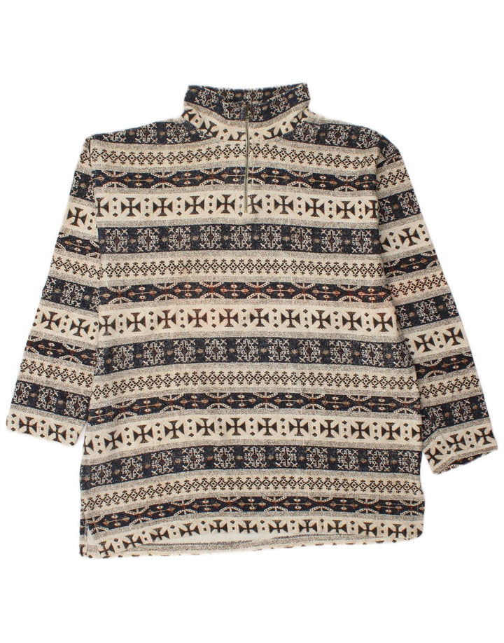 VINTAGE Hombres Zip Neck Sudadera Jumper Grande Beige Fair Isle Algodón