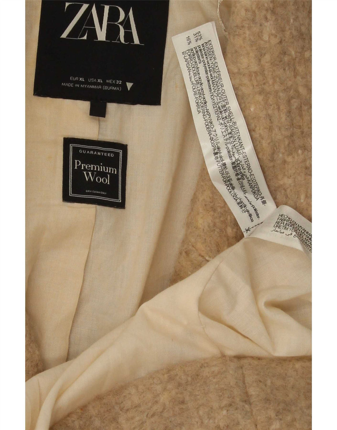 Zara Mujer Abrigo Cruzado ES 42 XL Lana Beige