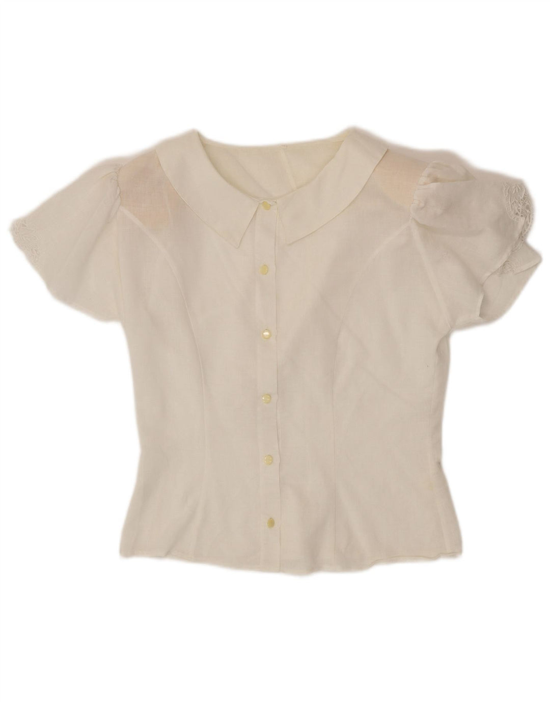 VINTAGE Blusa camisa de manga corta para mujer Reino Unido 12 Algodón blanco medio