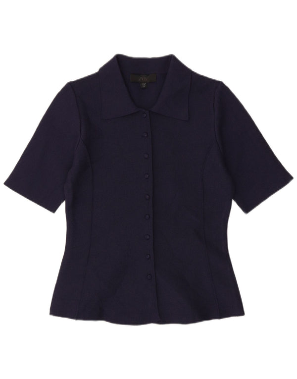 ZARA Blusa Camisa Manga Corta Mujer UK 40 Mediano Azul Marino Poliéster