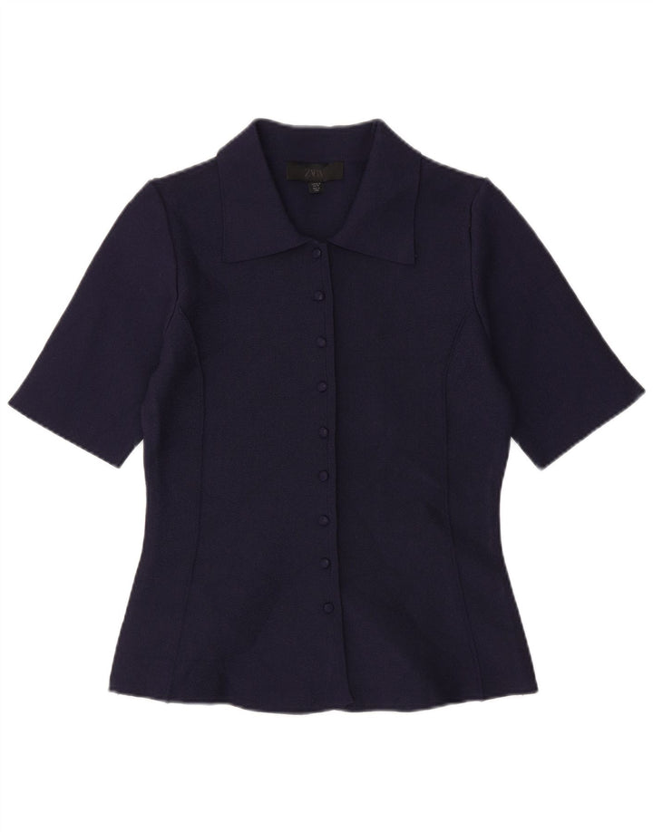 ZARA Blusa Camisa Manga Corta Mujer UK 40 Mediano Azul Marino Poliéster