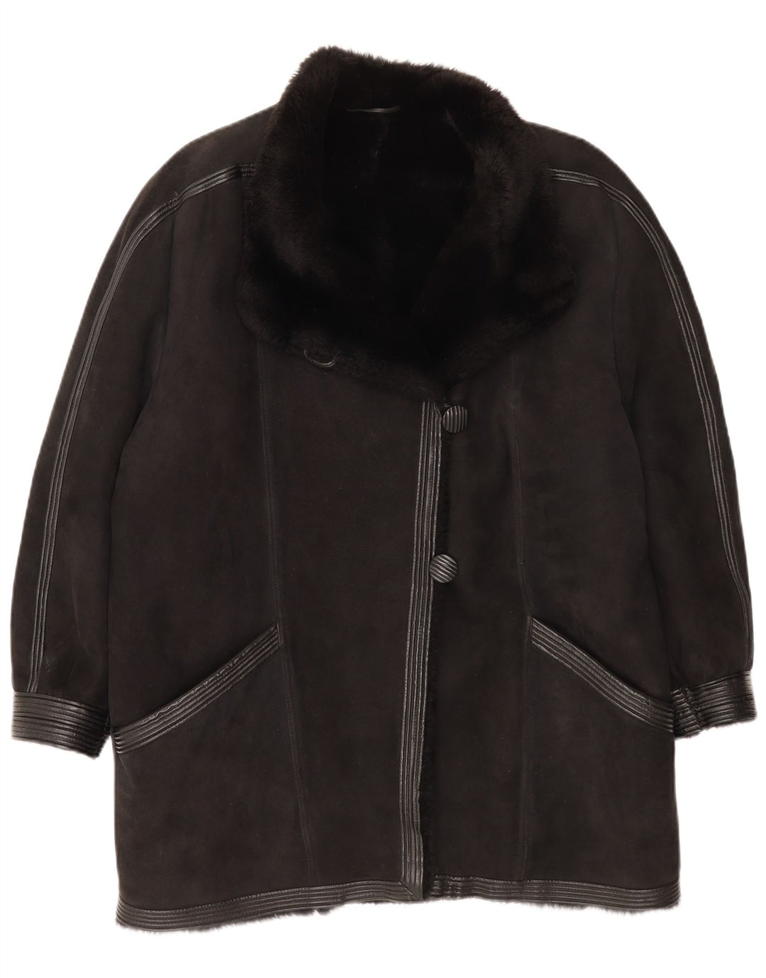 Vintage mujer shearling abrigo Reino Unido 16 grande negro