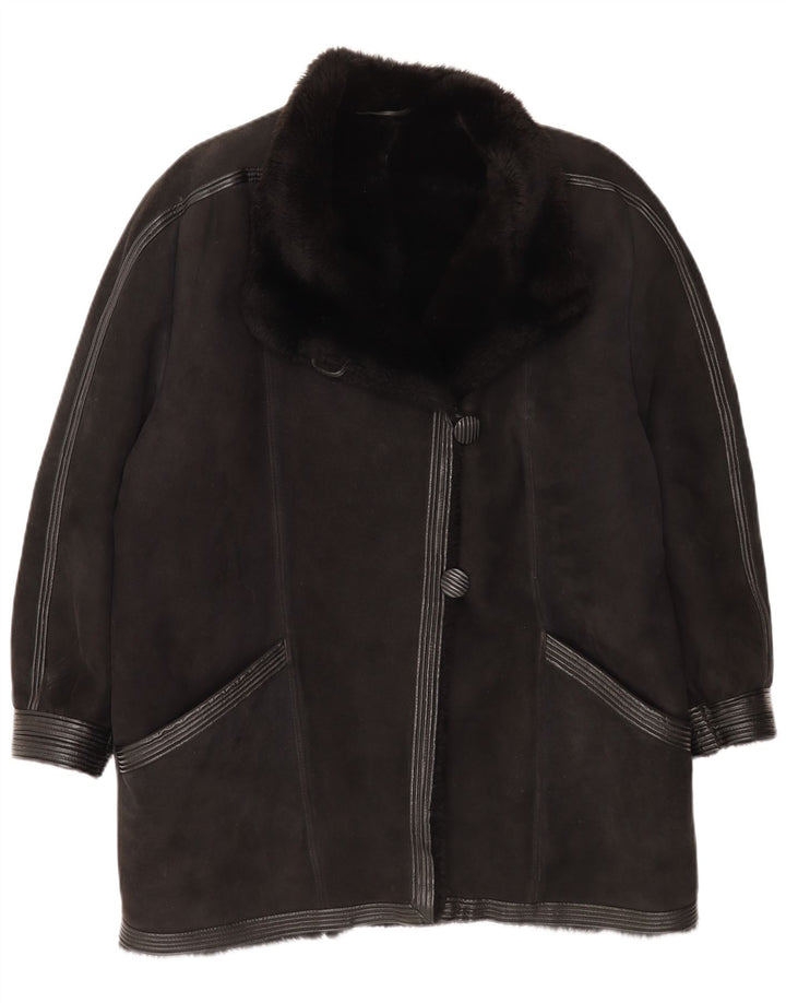 Vintage mujer shearling abrigo Reino Unido 16 grande negro