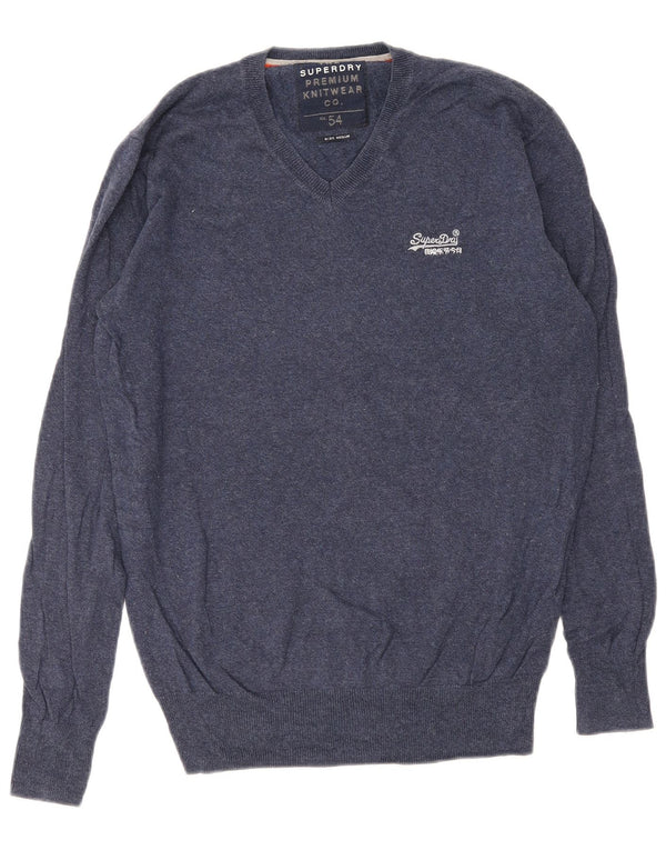 Superdry Jersey con cuello en V para hombre, jersey de algodón azul marino medio