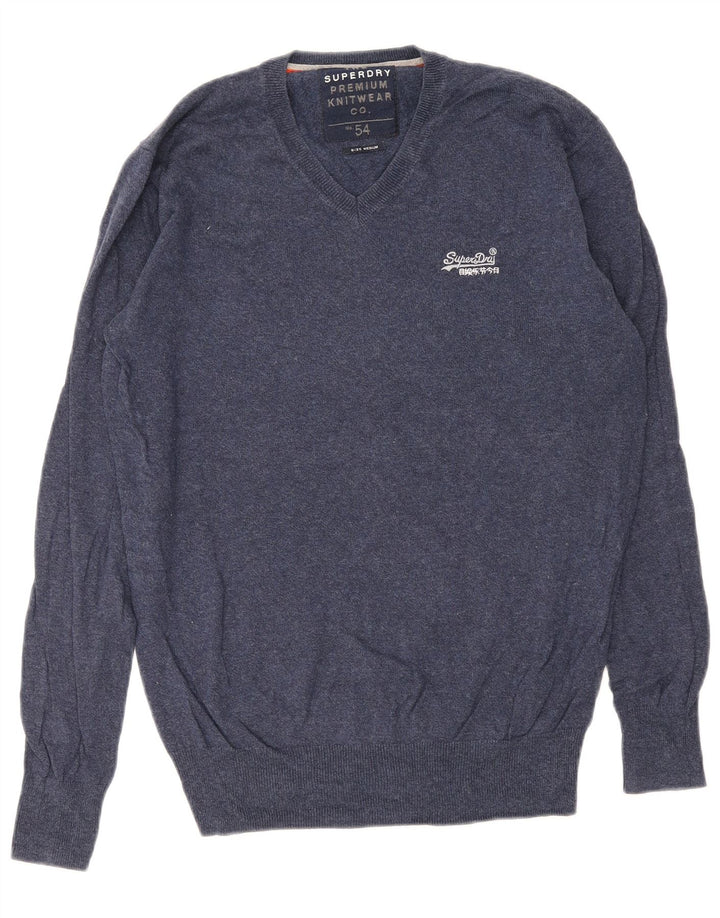 Superdry Jersey con cuello en V para hombre, jersey de algodón azul marino medio