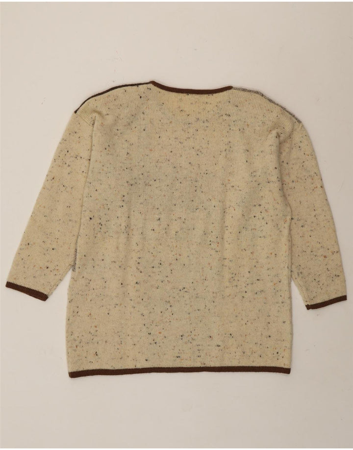 Vintage mujer cuello redondo jersey suéter Reino Unido 16 grande beige patchwork novedad