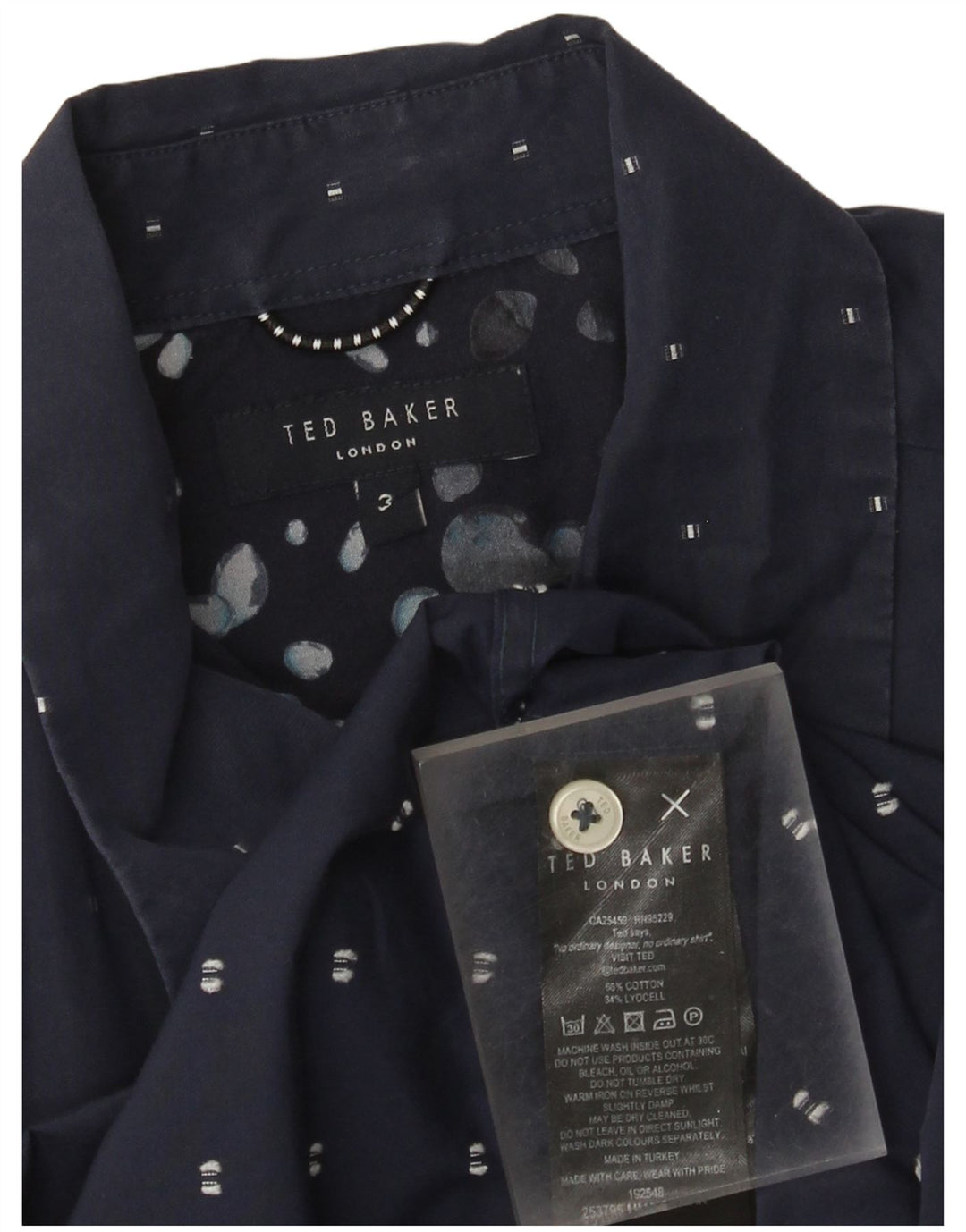 Ted Baker Camisa de manga corta para hombre Talla 3 Mediana Azul marino Algodón geométrico