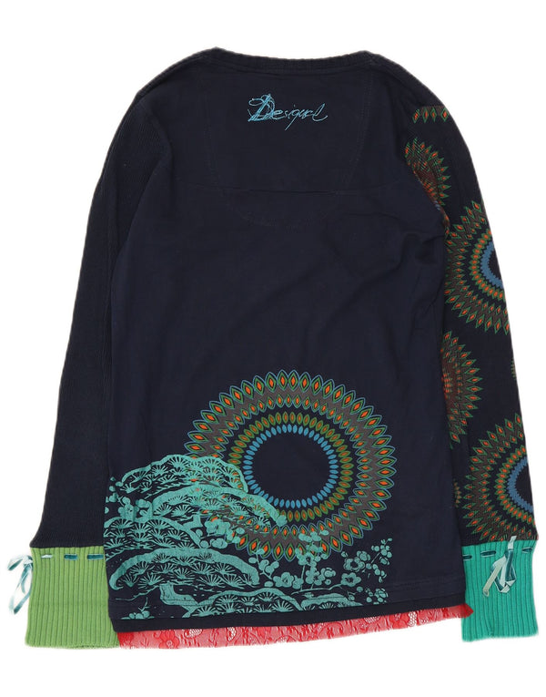 Desigual Mujer Gráfico Top Manga Larga UK 12 Medio Azul Marino Geométrico