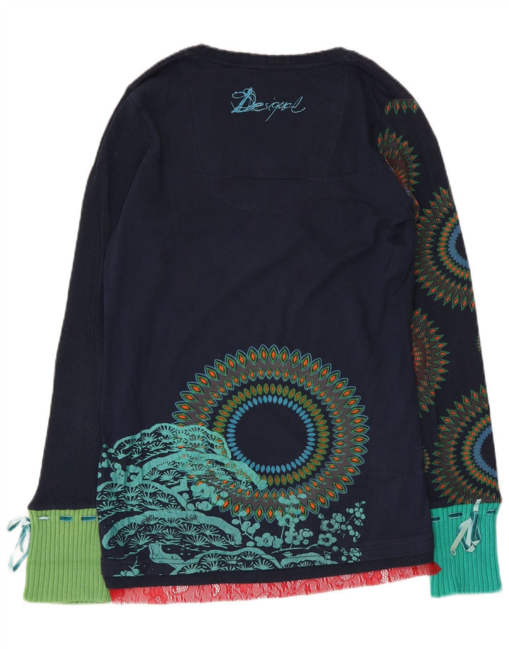 Desigual Mujer Gráfico Top Manga Larga UK 12 Medio Azul Marino Geométrico