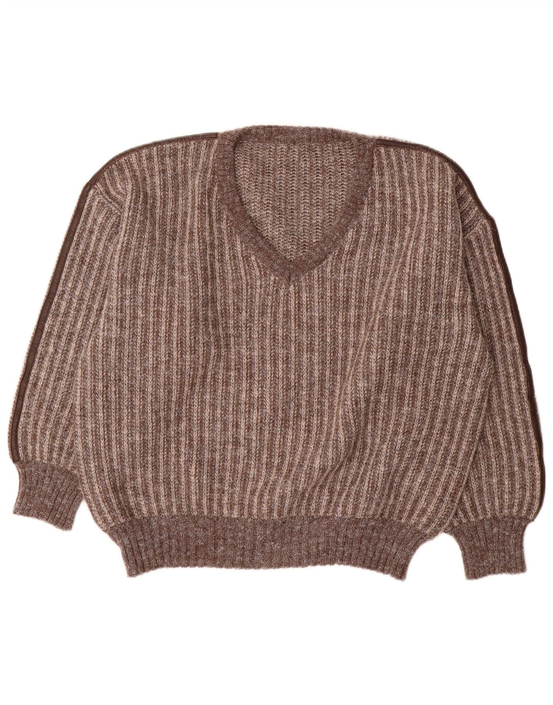 Vintage hombres V-cuello jumper suéter IT 50 lana de rayas marrón medio