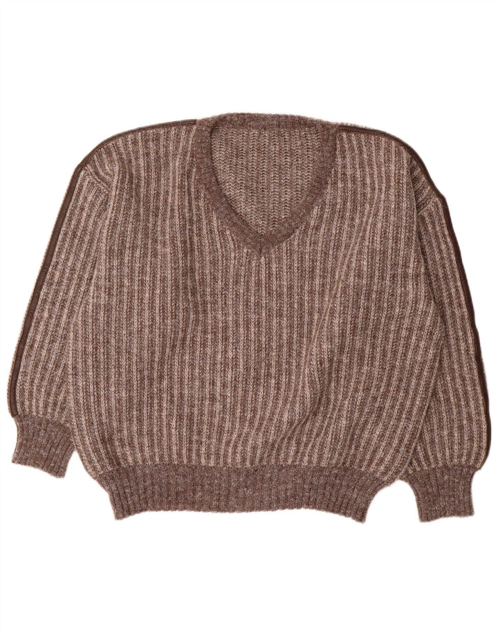 Vintage hombres V-cuello jumper suéter IT 50 lana de rayas marrón medio
